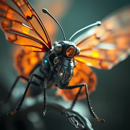 a macro photoshoot of cybernetic butterfly, wearing epic bionic cyborg implants, wires, tubes, biomechanical details, liquid, prismatic highlights, depth of field, cinematic, macro, concept art, 5 0 mm, artstation, digital painting, elegant, focus, octane render, ray tracing, by h. r. giger