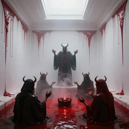 satanic occult seance conjures hizbillah in a misty white room with red fluid dripping from the walls, demons emerge from a pool of red fluid, volumetric lighting, hdr, 8 k