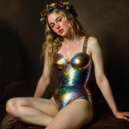 blushing, sweating, seductive young emilia clarke, blonde hair, wearing rainbow scales armour, posing seductive, looking seductively, ornate wreath, legs, oil painting by titian, hard focus