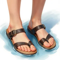 sandals feet in water, highly detailed, digital painting, artstation, concept art, sharp focus, illustration, art by artgerm and greg rutkowski and raphael lacoste and magali villeneuve