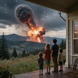 A family on their front porch watching the explosive impact of a meteorite into the distant mountains. Comet, Meteor, apocalypse, shockwave, total and absolute destruction