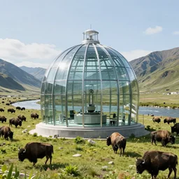 a clean glass sci - fi containment building with a herd of bison in the distance in a grassy valley with a river, national geographic, hyper realistic, 4 k, harsh light, majestic, wide shot, a sense of hope