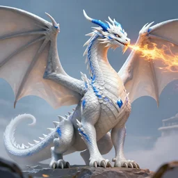 epic professional digital art of a large, white dragon with blue accents. it has a long neck, and its body is covered in scales. its wings are enormous, and it has a long tail. it has a regal, regal appearance, and it looks like it could breathe fire. best on artstation, breathtaking, epic, stunning, gorgeous, much detail, much wow, cgsociety,