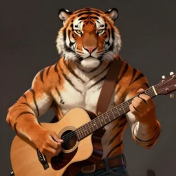 a award winning commission portrait of a fit anthro black tiger aying a guitar,digital art,art by greg rutkowski,character design by charles bowater,detailed face,hyperdetailed,photorealistic,artstation,deviantart,4k,western comic art,sharp,high definition,peacful,calm,relaxing