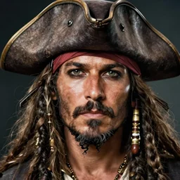close - up portrait of a pirate in a pirate hat, tanned, with a gray beard, illustration