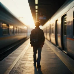 a 2 8 mm macro photo from the back of a commuter standing on a train platform, splash art, movie still, bokeh, canon 5 0 mm, cinematic lighting, dramatic, film, photography, golden hour, depth of field, award - winning, anamorphic lens flare, 8 k, hyper detailed, 3 5 mm film grain