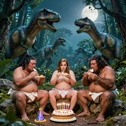 photo, three hairy neanderthal people, sumo japanese, eating outside, surrounded by dinosaurs!, gigantic forest trees, sitting on rocks, bright moon, birthday cake on the ground, birthday cap, front view, emma watson giving concert