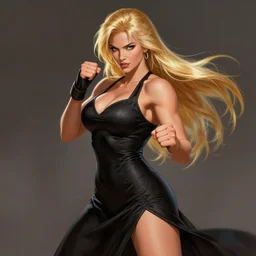 Tekken 4 fighter anime Stunning Portrait Kate Upton with long black dress, blonde long hair, in a fighting stance, digital painting, artstation, concept art, soft light, hdri, smooth, sharp focus, illustration, art by tian zi, craig mullins, Mark Arian, WLOP, alphonse mucha