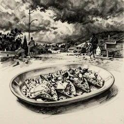 chilaquiles, sketch by diego rivera, ink by frank miller