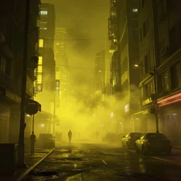 cyberpunk streets at night with thick yellow smog, concept art by Greg Rutkowski, hyperdetailed, hyperrealistic, cinematic lights, octane render, trending on artstation, artstationHD, artstationHQ, unreal engine, 4k