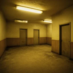 Backrooms, old moist carpet, mono-yellow, fluorescent lights, randomly segmented rooms, creepy