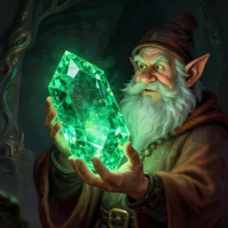 a dwarven jeweler holding a gigantic glowing emerald. dramatic lighting. high fantasy art ( 1 9 8 7 )