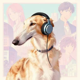 borzoi girl wearing headphones, city background, very anime!!! anime!! intricate details, aesthetically pleasing pastel colors, poster background, art by conrad roset and ilya kuvshinov