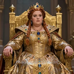 a very beautiful and authoritative dwarven queen on her throne, chubby stocky plump, very intricate braided hair, royal brocade dress, by giotto and jeff easley, gemstones and gold, 4 k, soft lighting, vibrant, sharp focus, detailed, realistic