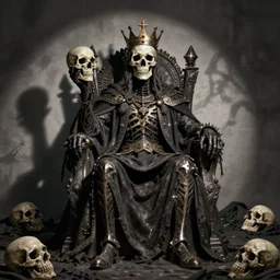 the king of death, sitting on throne, shadows, hyperrealistic, dead bodies in the background, high resolution, 8 k, dramatic lighting, holding a skull