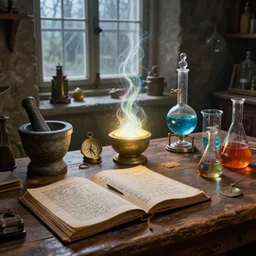 cluttered, wood table, spell book, wizards laboratory, tony sart, window, mortar, pestle, glowing powder, compass, alembic, streams of flowing light, beakers of colored liquid, greg rutkowski