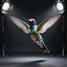 realistic!!!! cybernetic!!!!!!!!!!!! hummingbird, studio lighting, dark background