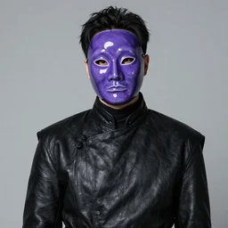 male ulzzang with purple porcelain mask, black leather garment, medium shot