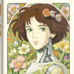 a female cyborg!! in a field of flowers, finely illustrated face, highly detailed, colored pencil, studio ghibli, tankobon, in the style of ilya kuvshinov and krenz cushart and william - adolphe bouguereau and alphonse mucha