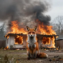 disaster foxmcloud standing in front of burning house looking at viewer