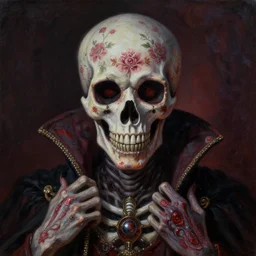 A very detailed horrifying portrait painting of the prince of death, floral patterned skin, occult, 8k, trending on artstation cgsociety, masterpiece, in the style of DiscoDiffusion.