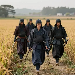 7 ronins in medieval Japan walk through rice fields hyperealistic