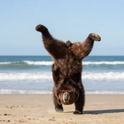 breakdancing bear on a beach