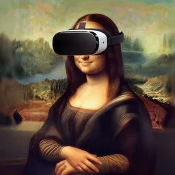 mona lisa wearing a vr headset