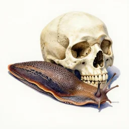 watercolour of slug with a skull resting on top, realism, intricate, colourful