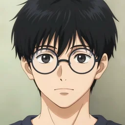 portrait image of a cute androgynous young man with black hair and circular glasses, clean shaven, trending on artstation, facial symmetry, in the style of hirohiko araki