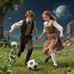 detailed, sharp, a boy and a girl, playing soccer with their pet humanoid alien, wearing 1840s era clothes, in a park on an alien planet, extremely highly detailed, hyperrealistic, highly detailed faces, 70 mm film still from a period sci fi movie, 4k