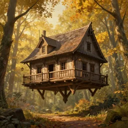 medieval pub hovering in midair in a forest during the golden hour in autumn,  highly detailed 4K fantasy matte painting by Thomas Kinkade