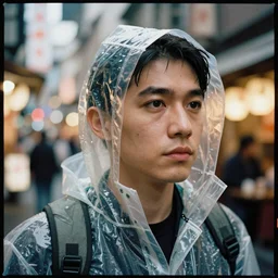 Kodak Portra 400, 8K, highly detailed, J.J Abrams style 3/4 extreme closeup portrait, clear eyes, focus on clear transparent raincoat model, tilt shift h.r giger style background: famous blade runner remake, tokyo izakaya scene