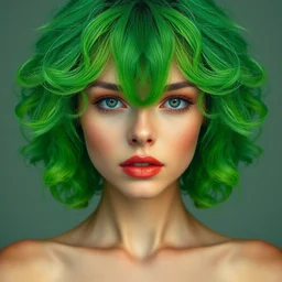 symmetrical portrait of beautiful woman with green fuzzy hair, by nick silva, ja mong, digital, soft painting, photorealism