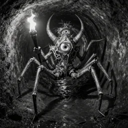 b & w inks 9 legged baphomet, in sewage tunnel, multi pupiled, rotten flesh, syd mead, enric torres, hyper realism, narrative light, muted colors, epic, hyper detailed, awe inspiring, award winning horror, torch lighting, hyper realism, cinematical