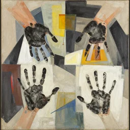 handprints tugging at the truth, abstract art in the style of cubism and georgia o keefe,