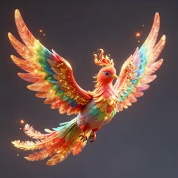 cute flying chinese phoenix, sparkling bird eyes, embers surrounding her wings, shining rainbow feathers, smooth features, feathers on fire, highly detailed, digital painting, artstation, concept art, smooth, soft focus, beautiful rainbow colors, illustration, chinese phoenix art by Artgerm and greg rutkowski
