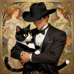 ein from cowboy bebop playing with a tuxedo cat, intricate, elegant, hyper detailed, ultra definition, photoreal, artstation, unreal engine rendered, concept art, smooth, sharp focus, illustration, art by artgerm and greg rutkowski and alphonse mucha and garis edelweiss