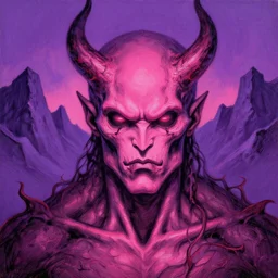 close up portrait of a gay monster in the mountains of hell, pink light, purple gay colors, oil painting by tomasz jedruszek, cinematic lighting, pen and ink, intricate line, hd, 4 k, million of likes, trending on artstation