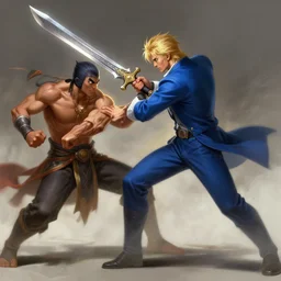 a blonde man in a blue suit with a sword attacking a filipino fighter with a rune blade, d & d, heartstone, digital painting, volumetric light, intricate, sharp, focus, bloom, illustration, highly detailed, concept art, matte, ruan jia, randy vargas, greg rutkowski