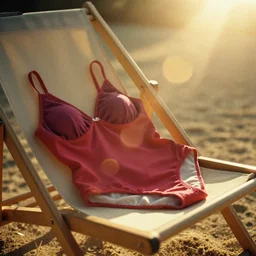 A Film photograph of a swimsuit clothes, no person, left on a deck chair. by Cameron Hammond. 1980s magazine style. Cinematic, Golden Hour. Lens flare. 85mm lens, Kodak Gold Film photography