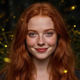 portrait of a young woman, among the lights of golden fireflies and nature, long loose red hair, intricate details, green eyes, hint of freckles, round gentle face, happy cheeky smile with red lips, deep focus, smooth, sharp, golden ratio, hyper realistic art by artemisia lomi gentileschi and caravaggio and artgerm