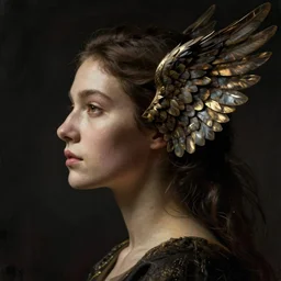 a woman's face in profile, made of wings, in the style of the dutch masters and gregory crewdson, dark and moody