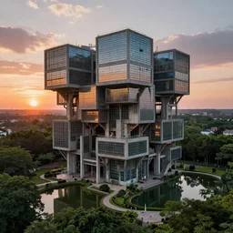 brutalist architecture, a stunningly detailed building, surrounded by lush green forest, ponds of water, stunning volumetric lighting, sunset, metal, concrete, stunning skies, trending on Artstation, 8k, photorealistic, hyper detailed, unreal engine 5, IMAX quality, cinematic, epic lighting, in the style of Greg Rutkowski