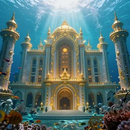 a fantastic atlantis palace with golden decorate under the sea, light effect, tyndall effect, fishes, by mike winkelmann, high - definition picture, trending on artstation, blue green color water