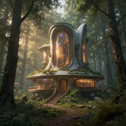Futuristic house in the forest, lit by the light of gods, sunrise, hyper detailed, artstation, cgsociety by greg rutkowski and by Gustave Dore