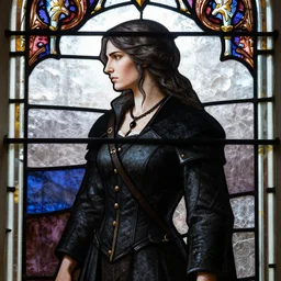 detailed side - view portrait of yennefer from the witcher 3, black necklace, long black and grey coat, 1 3 th century stained glass window, very masterful