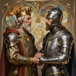 portrait of a medieval old king tenderly holding hands with his most loyal male knight, intricate, elegant, highly detailed, digital painting, artstation, concept art, matte, sharp focus, illustration, hearthstone, art by artgerm and greg rutkowski and alphonse mucha