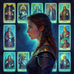 side portrait, imogen poots, paladin, gloomhaven, organic painting, hard edges, neon, tarot card layout, luminescent, octane render, by greg manchess, huang guangjian, gil elvgren, sachin teng, greg rutkowski, jesper ejsing, rhads, ilya kuvshinov, cushart krenz