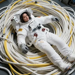a beautiful female astronaut lying entangled in a massive bundle of thick white and yellow cables, exquisite detail intricate, elegant, sharp focus, illustration, highly detailed, digital painting, concept art, matte, art by wlop and artgerm and greg rutkowski and ross tran, masterpiece